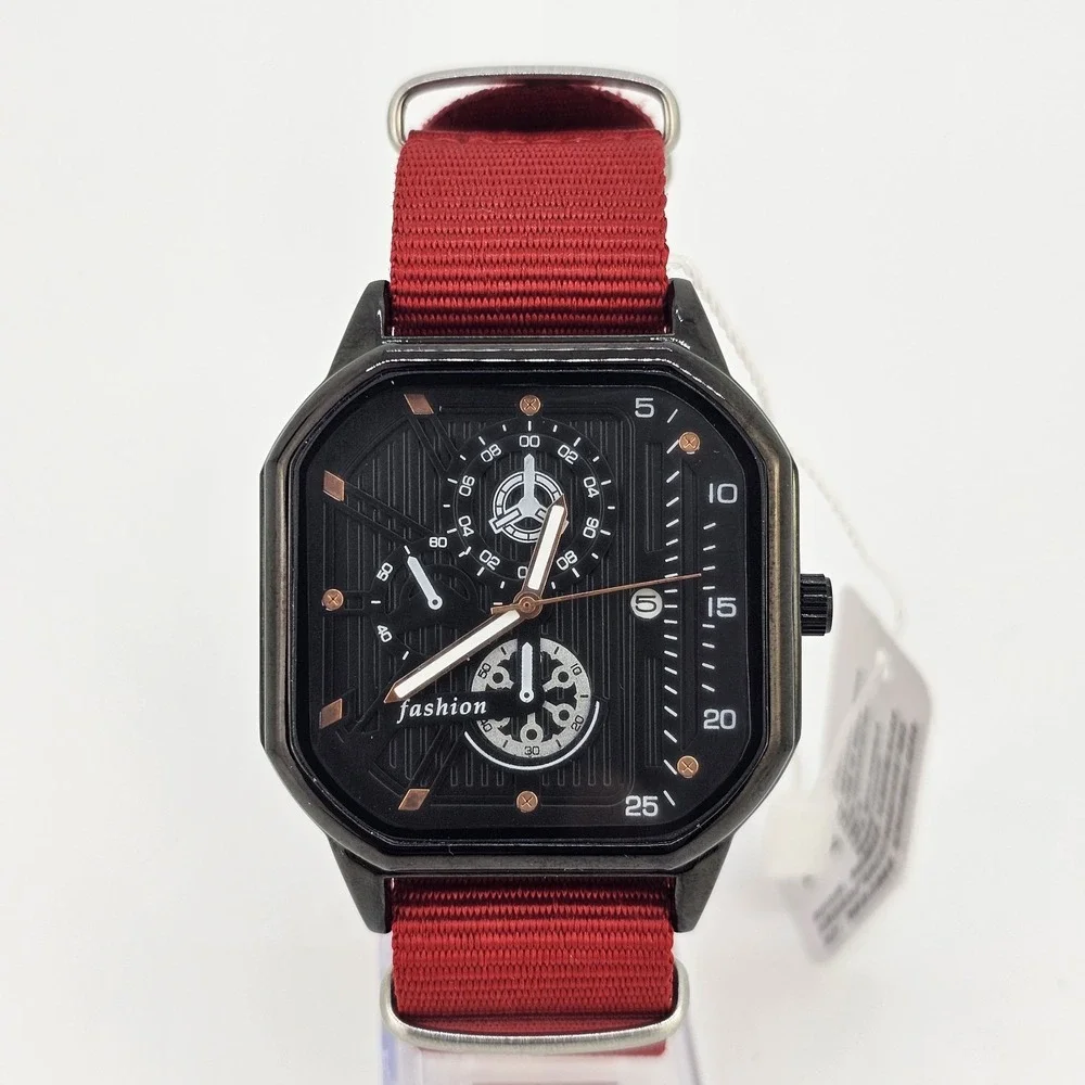 Men's 42MM Minimalist Watch Black Dial Date Indicator Red Canvas Band NewBattery